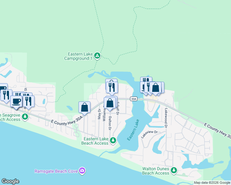 map of restaurants, bars, coffee shops, grocery stores, and more near 4965 East County Highway 30A in Santa Rosa Beach