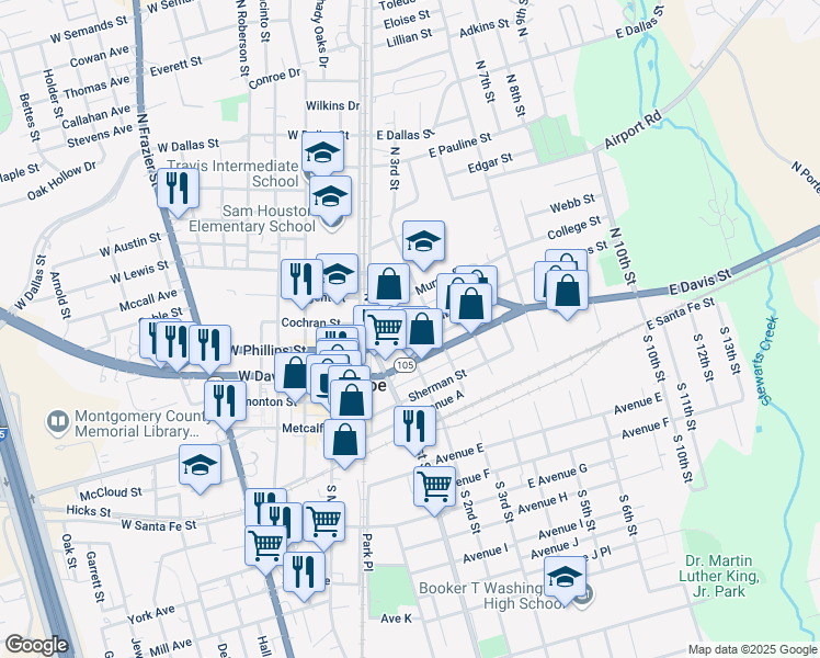 map of restaurants, bars, coffee shops, grocery stores, and more near 205 East Phillips Street in Conroe