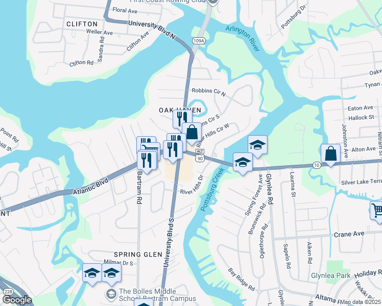 map of restaurants, bars, coffee shops, grocery stores, and more near in Jacksonville