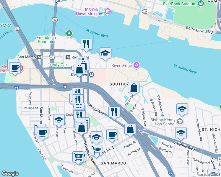 map of restaurants, bars, coffee shops, grocery stores, and more near 4 Broadcast Pl in Jacksonville