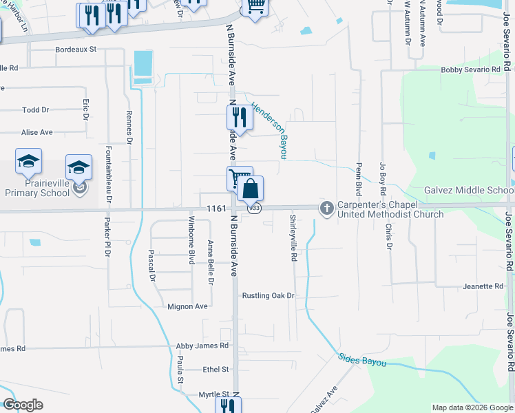 map of restaurants, bars, coffee shops, grocery stores, and more near 41037 Louisiana 933 in Prairieville