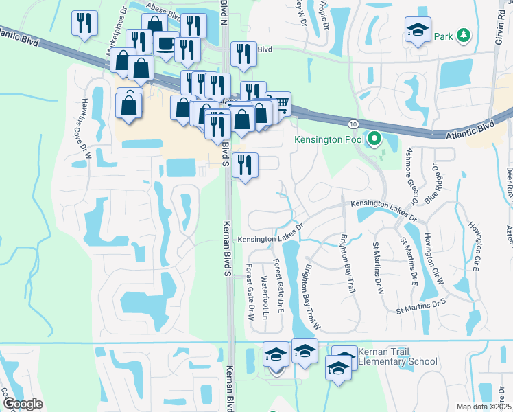map of restaurants, bars, coffee shops, grocery stores, and more near 12311 Kensington Lakes Drive in Jacksonville