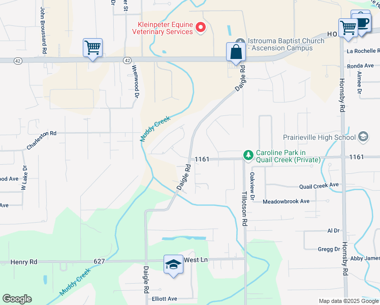 map of restaurants, bars, coffee shops, grocery stores, and more near 17014 Daigle Road in Prairieville