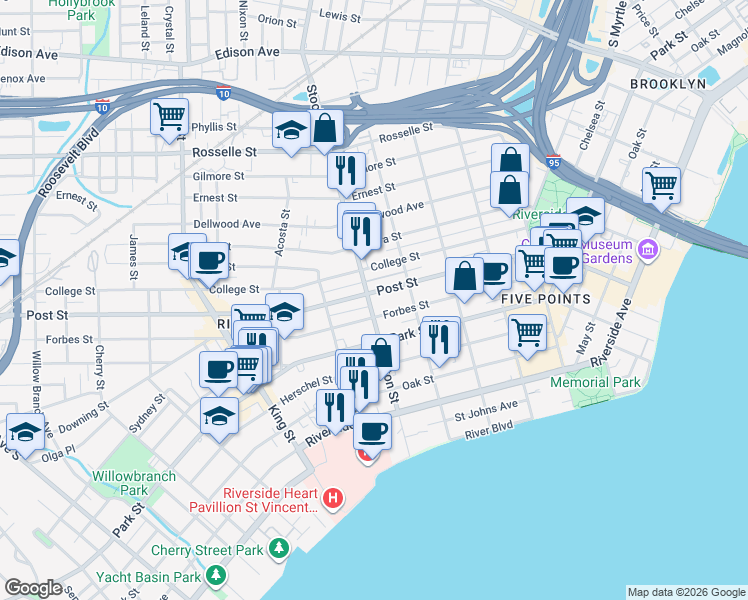 map of restaurants, bars, coffee shops, grocery stores, and more near 2345 Forbes Street in Jacksonville