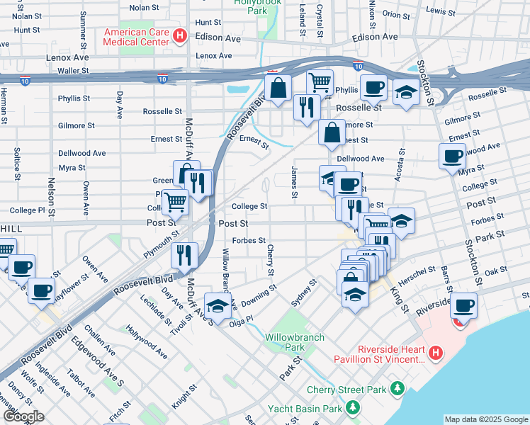map of restaurants, bars, coffee shops, grocery stores, and more near 2861 Post Street in Jacksonville