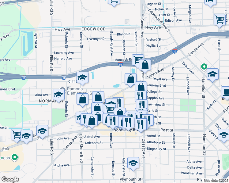 map of restaurants, bars, coffee shops, grocery stores, and more near 5264 Ramona Boulevard in Jacksonville