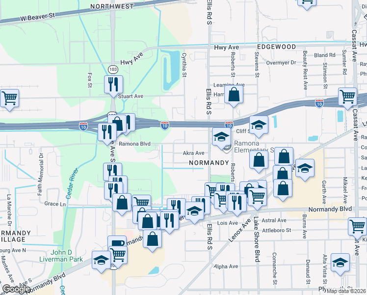 map of restaurants, bars, coffee shops, grocery stores, and more near 5687 Akra Avenue in Jacksonville