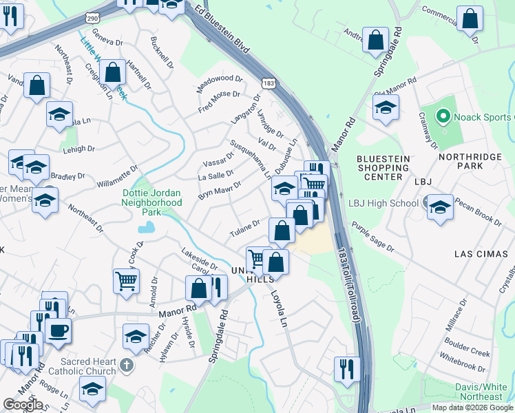 map of restaurants, bars, coffee shops, grocery stores, and more near 6805 Syracuse Cove in Austin