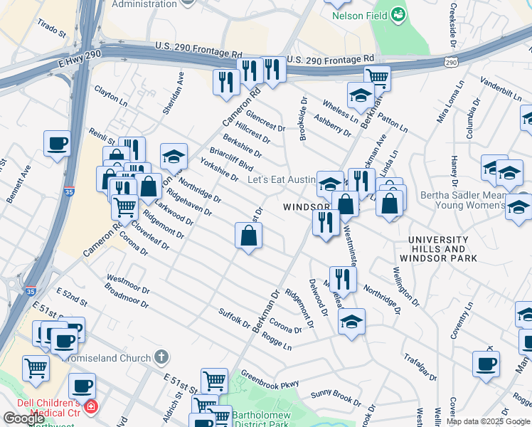 map of restaurants, bars, coffee shops, grocery stores, and more near 1500 Northridge Drive in Austin