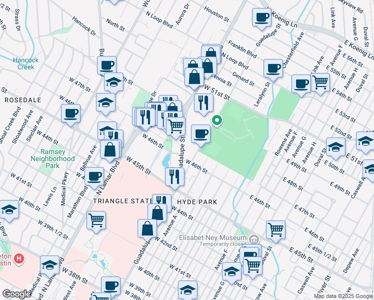 map of restaurants, bars, coffee shops, grocery stores, and more near 4600 West Guadalupe Street in Austin