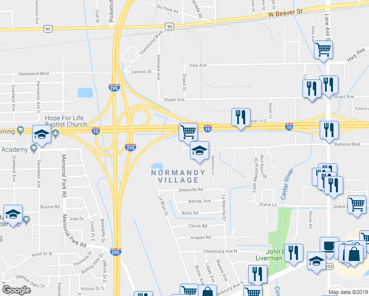 map of restaurants, bars, coffee shops, grocery stores, and more near 8159 Ramona Boulevard in Jacksonville