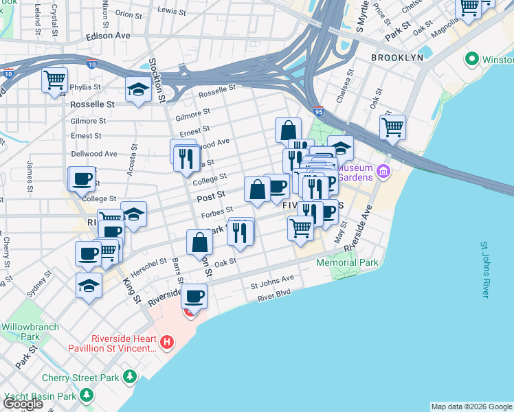 map of restaurants, bars, coffee shops, grocery stores, and more near 1114 Copeland Street in Jacksonville