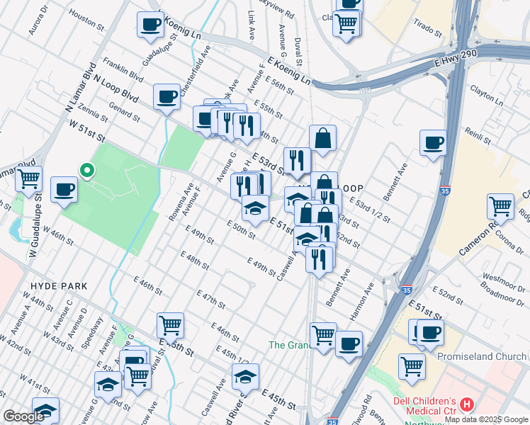 map of restaurants, bars, coffee shops, grocery stores, and more near 5015 Evans Avenue in Austin