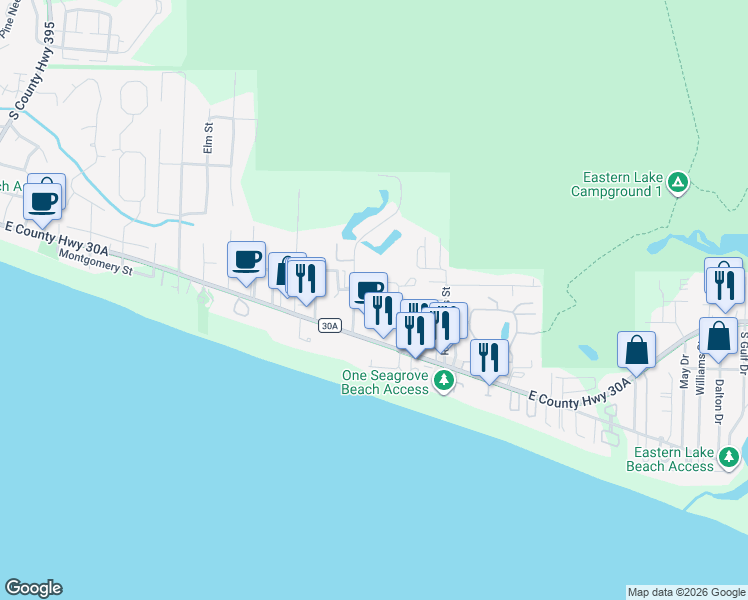 map of restaurants, bars, coffee shops, grocery stores, and more near 189 Sugar Sand Lane in Santa Rosa Beach