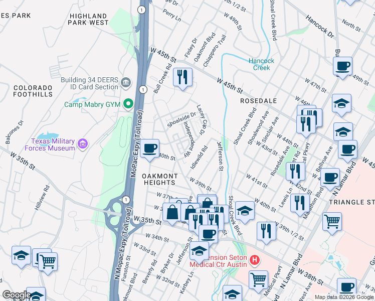 map of restaurants, bars, coffee shops, grocery stores, and more near 4001 Manifest Lane in Austin