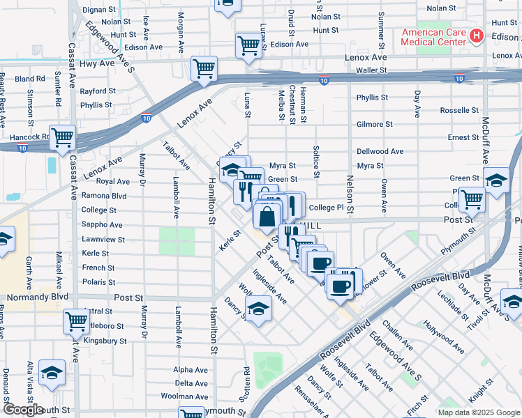 map of restaurants, bars, coffee shops, grocery stores, and more near 938 Jasmine Place in Jacksonville