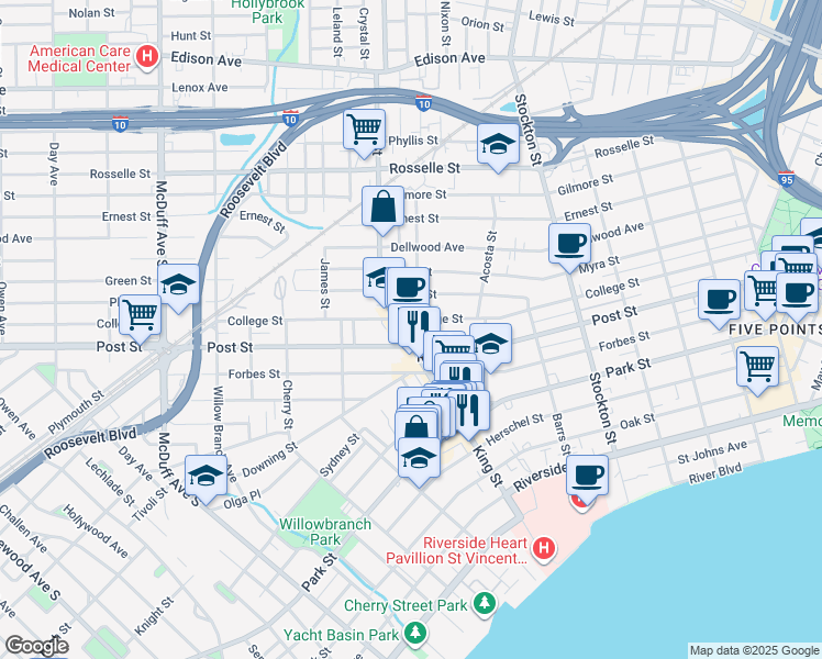 map of restaurants, bars, coffee shops, grocery stores, and more near in Jacksonville