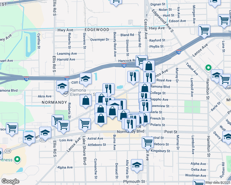 map of restaurants, bars, coffee shops, grocery stores, and more near 5264 Ramona Boulevard in Jacksonville
