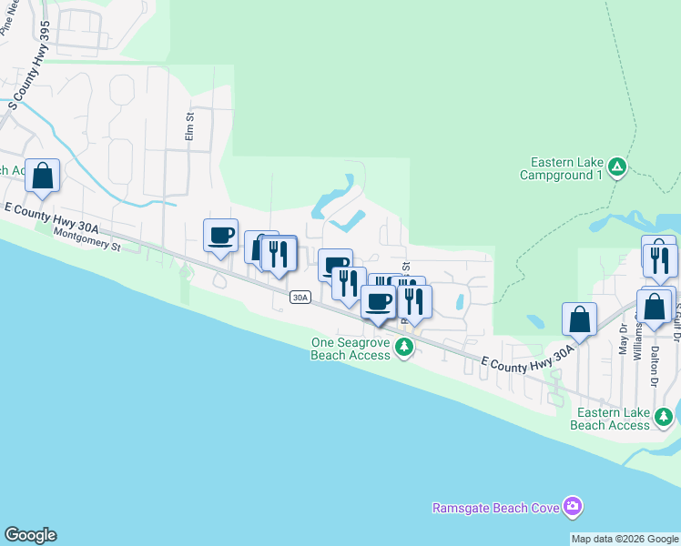 map of restaurants, bars, coffee shops, grocery stores, and more near 189 Sugar Sand Lane in Santa Rosa Beach