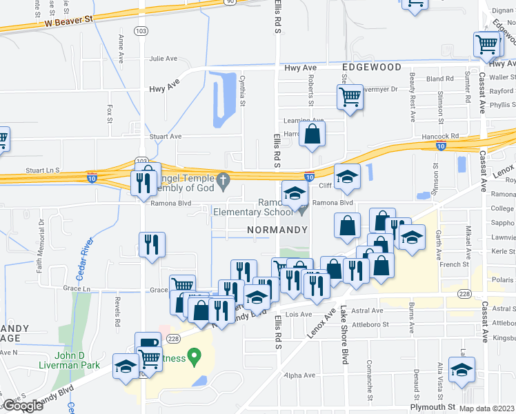 map of restaurants, bars, coffee shops, grocery stores, and more near 5640 Ramona Boulevard in Jacksonville