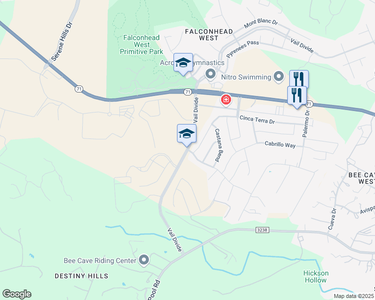 map of restaurants, bars, coffee shops, grocery stores, and more near 5400 Vail Divide in Austin