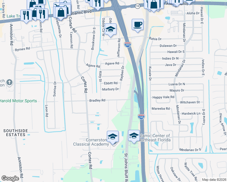 map of restaurants, bars, coffee shops, grocery stores, and more near 10448 Marbury Drive in Jacksonville