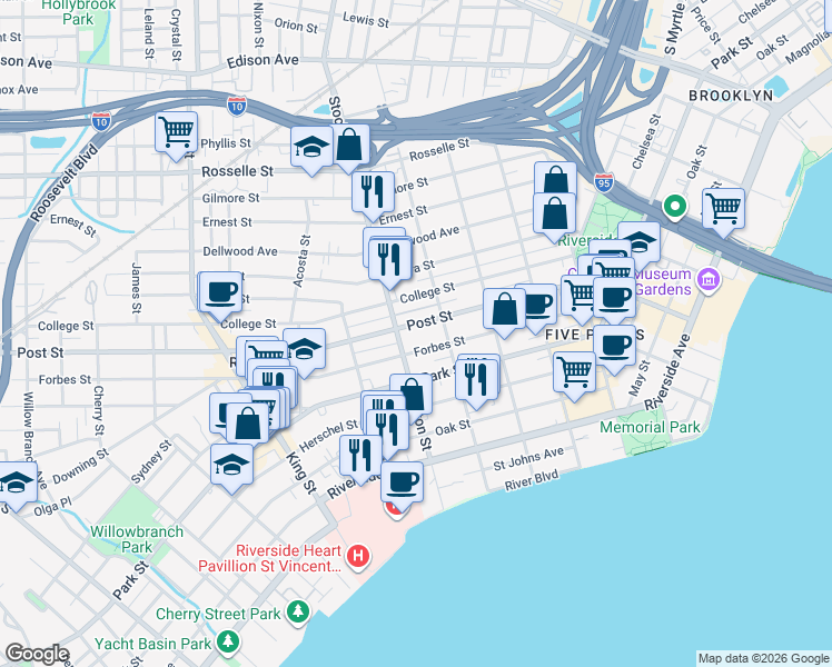 map of restaurants, bars, coffee shops, grocery stores, and more near 2345 Forbes Street in Jacksonville