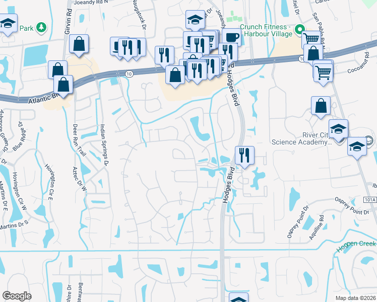 map of restaurants, bars, coffee shops, grocery stores, and more near 2210 The Woods Drive East in Jacksonville