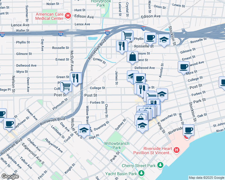 map of restaurants, bars, coffee shops, grocery stores, and more near 2817 Post Street in Jacksonville