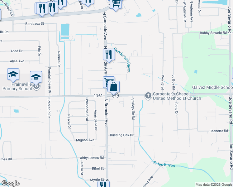 map of restaurants, bars, coffee shops, grocery stores, and more near 41037 Louisiana 933 in Prairieville