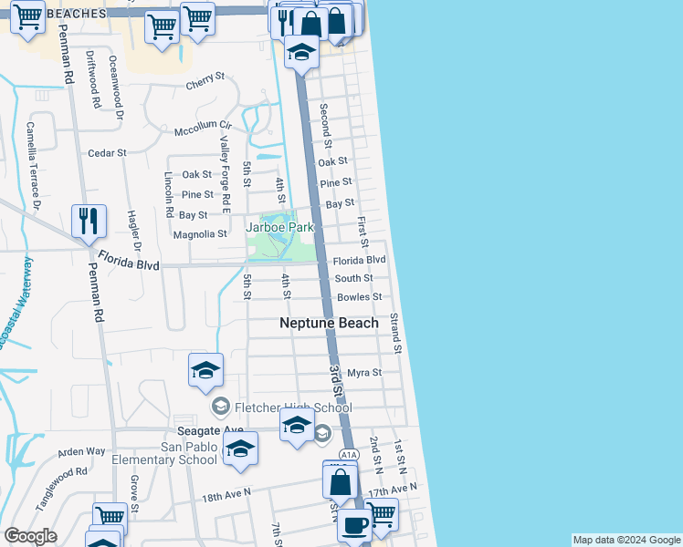 map of restaurants, bars, coffee shops, grocery stores, and more near 223A South Street in Neptune Beach