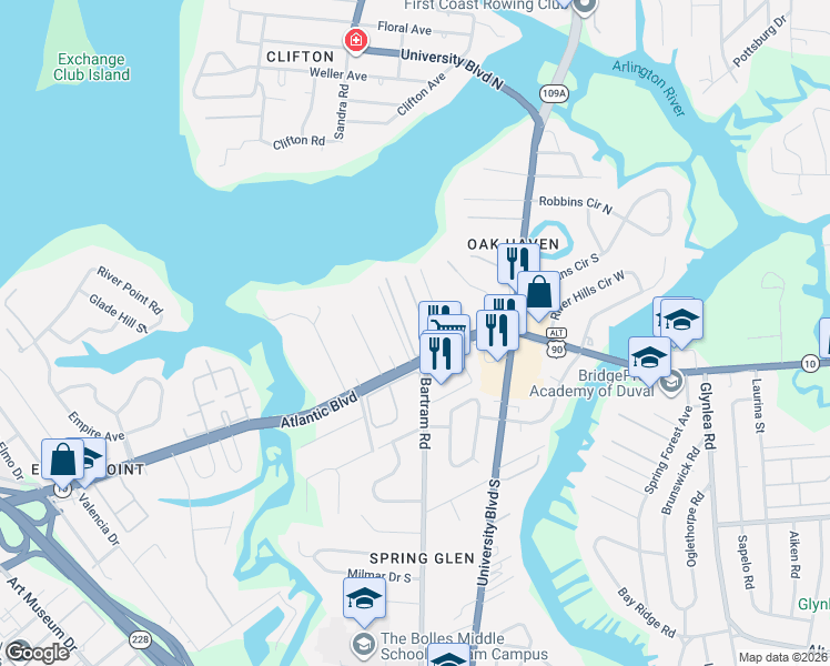 map of restaurants, bars, coffee shops, grocery stores, and more near 5811 Atlantic Boulevard in Jacksonville