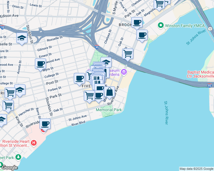 map of restaurants, bars, coffee shops, grocery stores, and more near 709 Lomax Street in Jacksonville