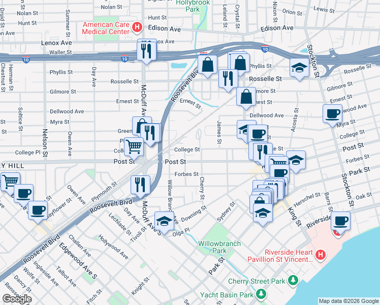 map of restaurants, bars, coffee shops, grocery stores, and more near 2903 Post Street in Jacksonville