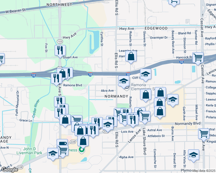 map of restaurants, bars, coffee shops, grocery stores, and more near 5687 Akra Avenue in Jacksonville