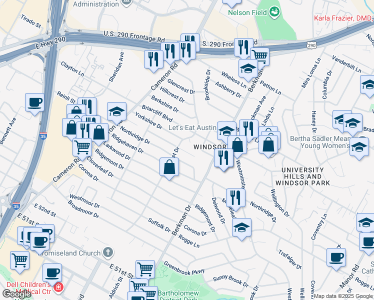 map of restaurants, bars, coffee shops, grocery stores, and more near 1511 Braes Ridge Drive in Austin