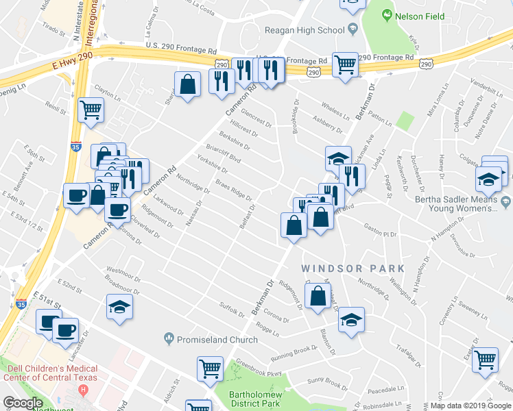 map of restaurants, bars, coffee shops, grocery stores, and more near 1500 Northridge Drive in Austin