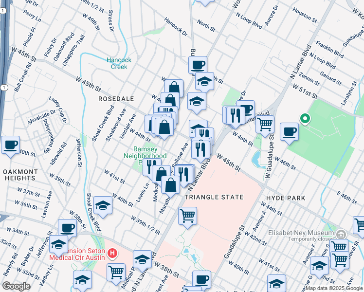 map of restaurants, bars, coffee shops, grocery stores, and more near 4409 Bellvue Avenue in Austin