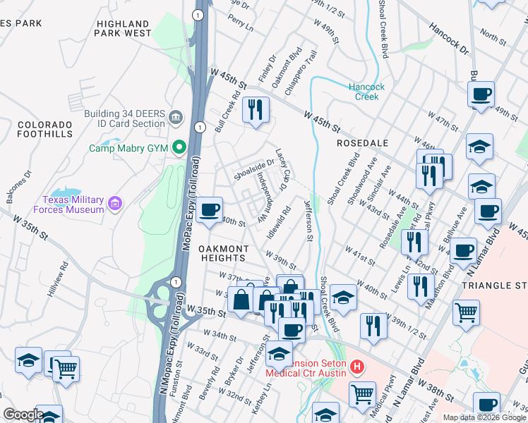 map of restaurants, bars, coffee shops, grocery stores, and more near 4001 Independent Way in Austin