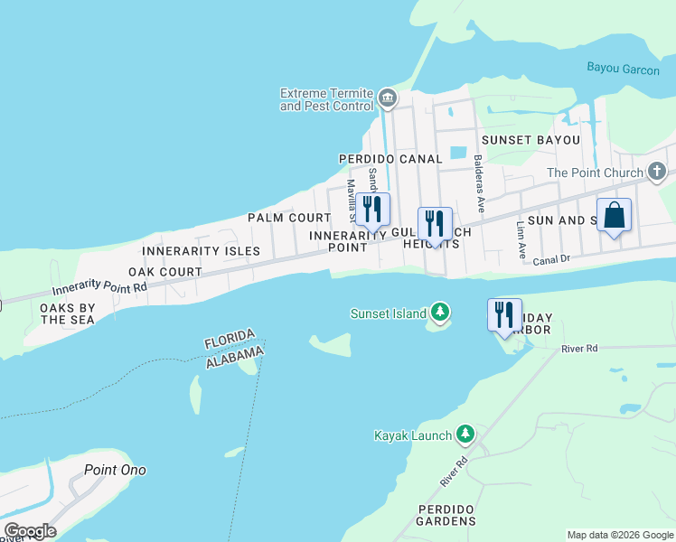 map of restaurants, bars, coffee shops, grocery stores, and more near 14403 Innerarity Point Road in Pensacola