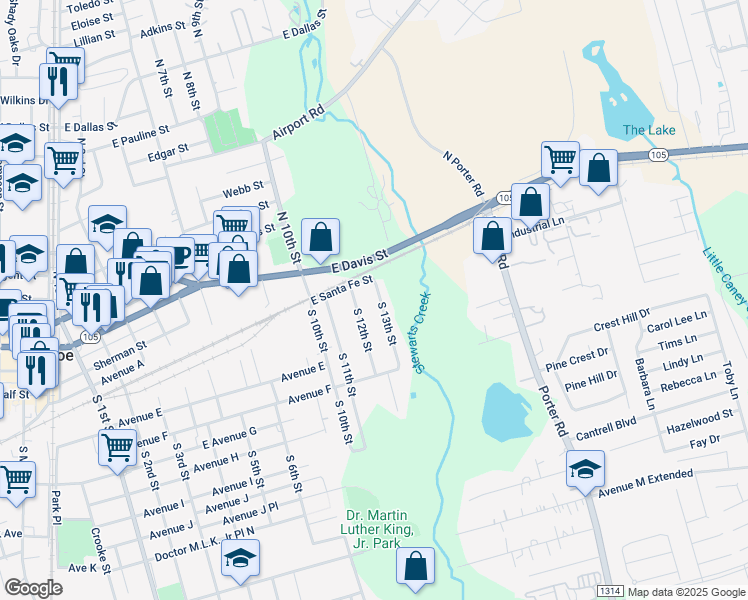 map of restaurants, bars, coffee shops, grocery stores, and more near 305 South 13th Street in Conroe