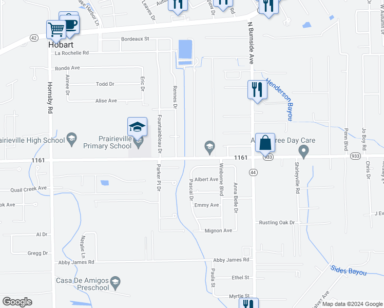 map of restaurants, bars, coffee shops, grocery stores, and more near 40408 Parker Road in Prairieville
