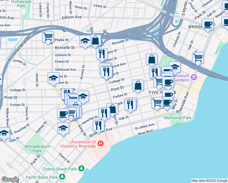 map of restaurants, bars, coffee shops, grocery stores, and more near 2340 Post Street in Jacksonville