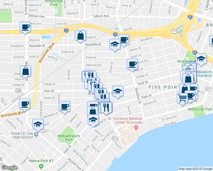 map of restaurants, bars, coffee shops, grocery stores, and more near 2627 Post Street in Jacksonville