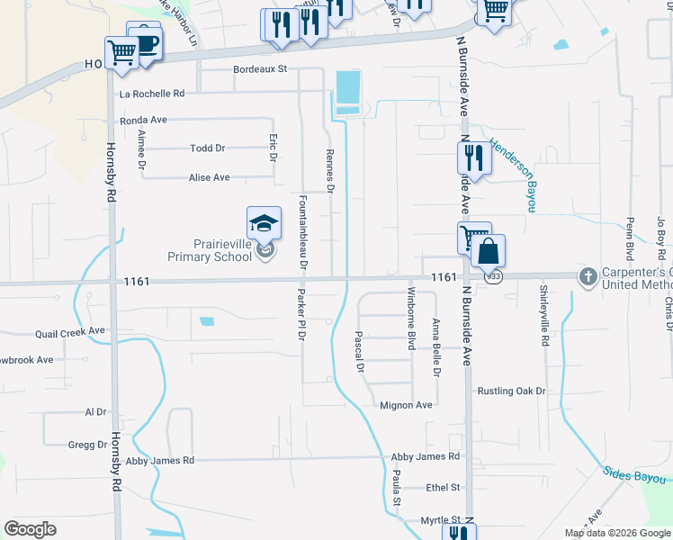 map of restaurants, bars, coffee shops, grocery stores, and more near 40338 Parker Road in Prairieville