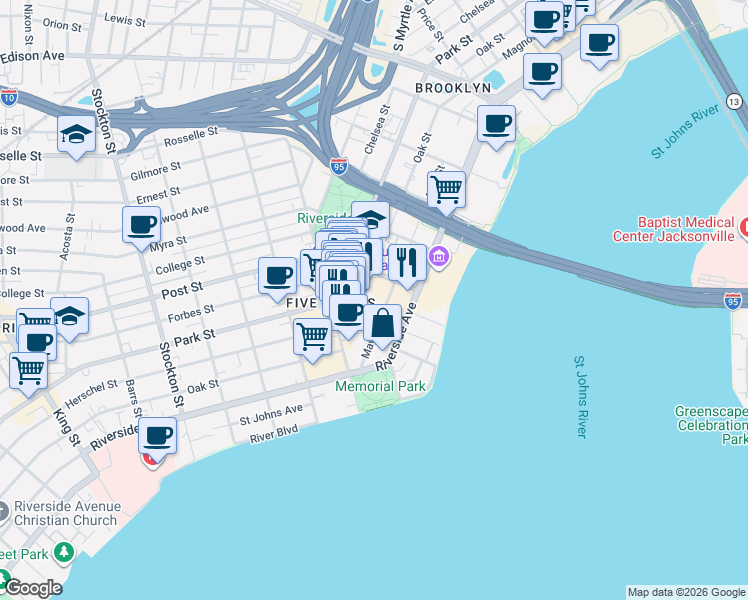 map of restaurants, bars, coffee shops, grocery stores, and more near 1045 Oak Street in Jacksonville