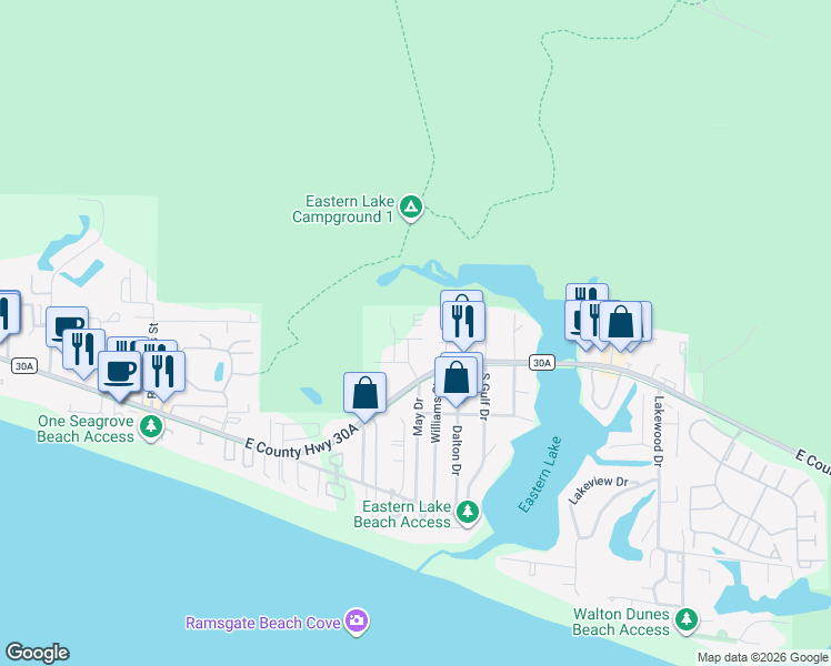 map of restaurants, bars, coffee shops, grocery stores, and more near 82 Greenway Park Avenue in Santa Rosa Beach