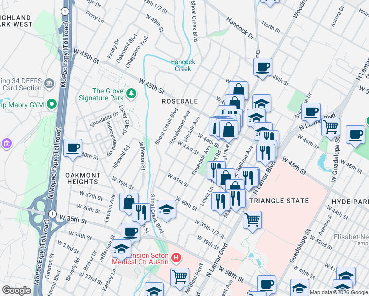 map of restaurants, bars, coffee shops, grocery stores, and more near 4215 Sinclair Avenue in Austin