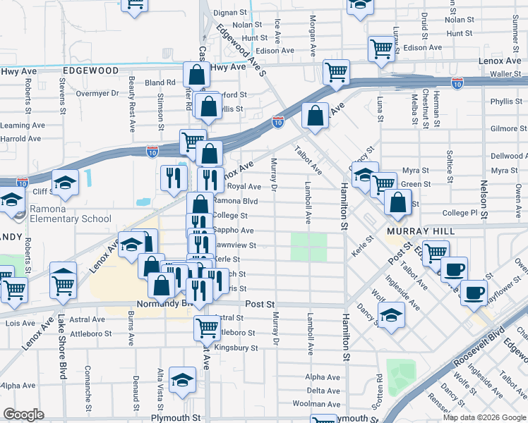 map of restaurants, bars, coffee shops, grocery stores, and more near 4730 College Street in Jacksonville
