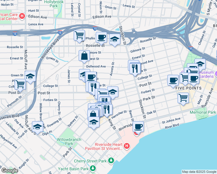 map of restaurants, bars, coffee shops, grocery stores, and more near 2614 College Street in Jacksonville